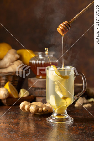 Ginger tea with lemon and honey. Ginger tea with lemon and honey. 117787585