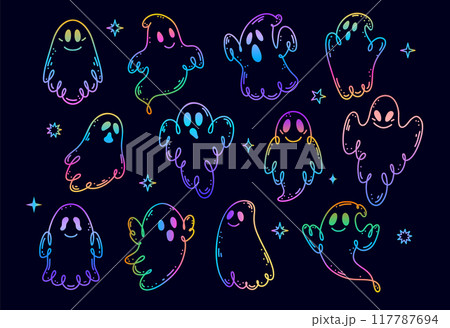 Set of cute ghosts in doodle style in gradient colors. 117787694