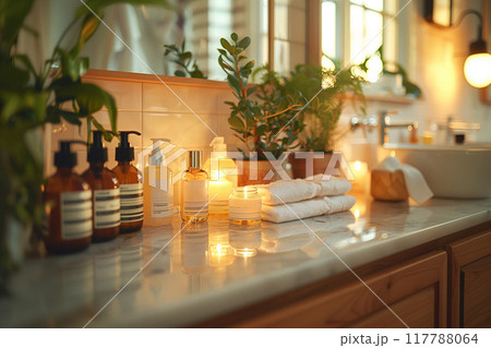 A skincare routine laid out neatly on a bathroom counter.A bathroom counter is adorned with bottles of soap and candles 117788064