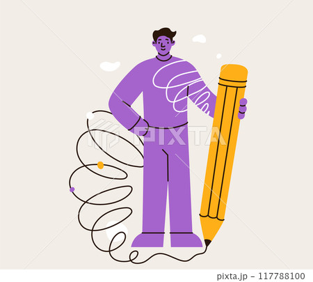 Young man standing in superman pose and holding huge yellow pencil vector illustration. Flat education design. Cute purple modern writer hero character. Concept thinking writing 117788100