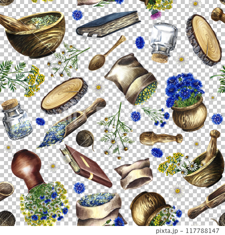 Seamless pattern of medicinal herbs: chamomile, tansy, cornflower. Subjects of traditional medicine. Wooden dishes and a recipe book, a vase with flowers. a hand-drawn watercolor illustration. Seamless pattern of medicinal herbs: chamomile, tansy, cornflower. Subjects of traditional medicine. Wooden dishes and a recipe book, a vase with flowers. a hand-drawn watercolor illustration. 117788147