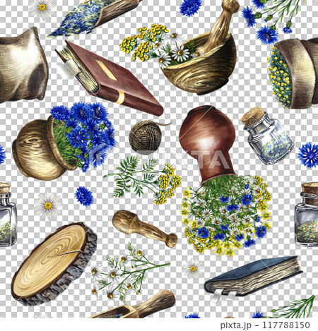 Seamless pattern of medicinal herbs: chamomile, tansy, cornflower. Subjects of traditional medicine. Wooden dishes and a recipe book, a vase with flowers. a hand-drawn watercolor illustration. Seamless pattern of medicinal herbs: chamomile, tansy, cornflower. Subjects of traditional medicine. Wooden dishes and a recipe book, a vase with flowers. a hand-drawn watercolor illustration. 117788150