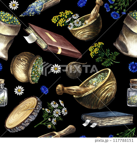 Seamless pattern of medicinal herbs: chamomile, tansy, cornflower. Subjects of traditional medicine. Wooden dishes and a recipe book. a hand-drawn watercolor illustration. On a black background. 117788151