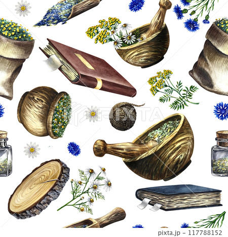 Seamless pattern of medicinal herbs: chamomile, tansy, cornflower. Accessories of traditional medicine. Wooden dishes and a recipe book. a hand-drawn watercolor illustration. For packaging and labels. Seamless pattern of medicinal herbs: chamomile, tansy, cornflower. Accessories of traditional medicine. Wooden dishes and a recipe book. a hand-drawn watercolor illustration. For packaging and labels. 117788152
