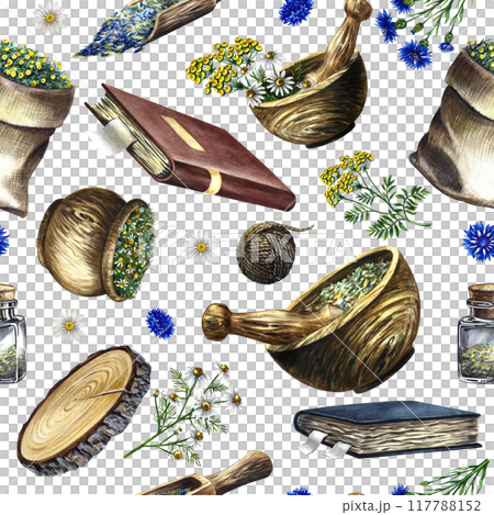 Seamless pattern of medicinal herbs: chamomile, tansy, cornflower. Accessories of traditional medicine. Wooden dishes and a recipe book. a hand-drawn watercolor illustration. For packaging and labels. 117788152