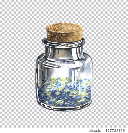 Vintage glass bottle with dried herbs. The illustration is watercolor, hand-drawn. Healthy tea, spices or medicinal herbs. For packaging, label, menu or recipe design. Vintage glass bottle with dried herbs. The illustration is watercolor, hand-drawn. Healthy tea, spices or medicinal herbs. For packaging, label, menu or recipe design. 117788166