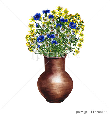 Wildflowers in a clay vase. Hand-made watercolor illustration. Medicinal herbs chamomile, cornflowers, tansy. For postcards, packages and labels. For flyers, stickers and prints. Wildflowers in a clay vase. Hand-made watercolor illustration. Medicinal herbs chamomile, cornflowers, tansy. For postcards, packages and labels. For flyers, stickers and prints. 117788167