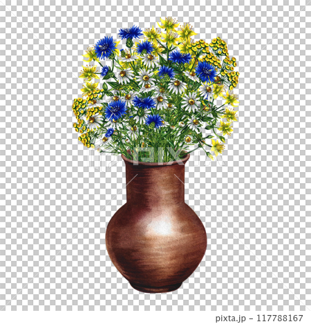 Wildflowers in a clay vase. Hand-made watercolor illustration. Medicinal herbs chamomile, cornflowers, tansy. For postcards, packages and labels. For flyers, stickers and prints. 117788167