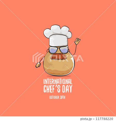 International chef day vector greeting card. vector funny cartoon tiny brown smiling chef potato with hat isolated on peach color background. Potato character International chef day vector greeting card. vector funny cartoon tiny brown smiling chef potato with hat isolated on peach color background. Potato character 117788220