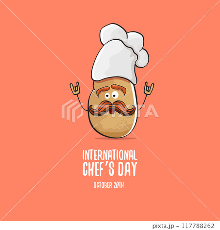 International chef day vector greeting card. vector funny cartoon tiny brown smiling chef potato with hat isolated on peach color background. Potato character International chef day vector greeting card. vector funny cartoon tiny brown smiling chef potato with hat isolated on peach color background. Potato character 117788262