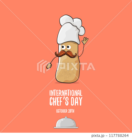 International chef day vector greeting card. vector funny cartoon tiny brown smiling chef potato with hat isolated on peach color background. Potato character International chef day vector greeting card. vector funny cartoon tiny brown smiling chef potato with hat isolated on peach color background. Potato character 117788264
