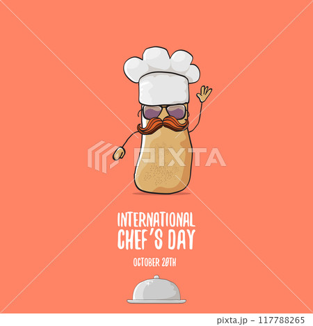 International chef day vector greeting card. vector funny cartoon tiny brown smiling chef potato with hat isolated on peach color background. Potato character 117788265