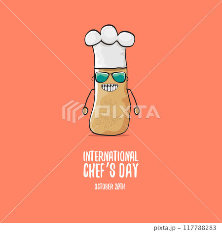 International chef day vector greeting card. vector funny cartoon tiny brown smiling chef potato with hat isolated on peach color background. Potato character International chef day vector greeting card. vector funny cartoon tiny brown smiling chef potato with hat isolated on peach color background. Potato character 117788283