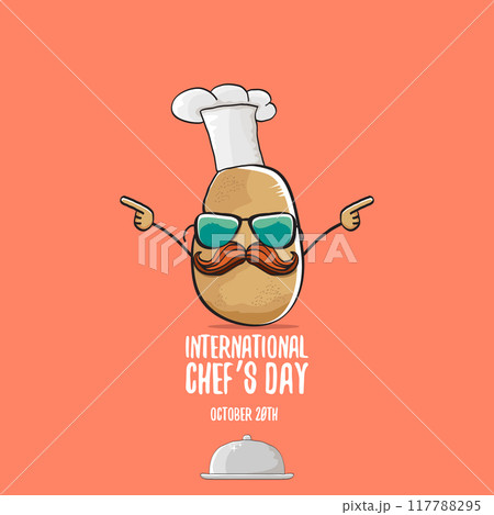 International chef day vector greeting card. vector funny cartoon tiny brown smiling chef potato with hat isolated on peach color background. Potato character International chef day vector greeting card. vector funny cartoon tiny brown smiling chef potato with hat isolated on peach color background. Potato character 117788295