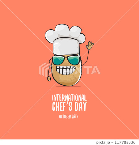 International chef day vector greeting card. vector funny cartoon tiny brown smiling chef potato with hat isolated on peach color background. Potato character International chef day vector greeting card. vector funny cartoon tiny brown smiling chef potato with hat isolated on peach color background. Potato character 117788336