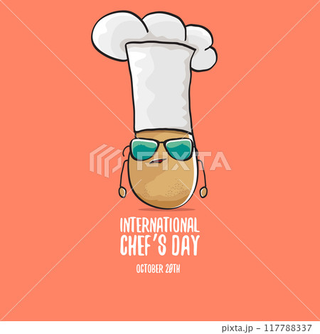 International chef day vector greeting card. vector funny cartoon tiny brown smiling chef potato with hat isolated on peach color background. Potato character 117788337