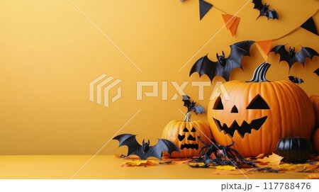 Colorful Halloween decorations with pumpkins, banners, and leaves in autumn setting 117788476