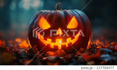 A glowing jack-o'-lantern sits among autumn leaves in a misty forest at dusk 117788477
