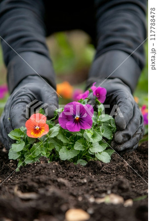 Gardener planting vibrant pansies in rich soil during a sunny afternoon in spring 117788478