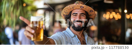 Cheerful man in a straw hat holding a beer while enjoying a sunny day indoors 117788530