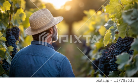 A man harvesting ripe grapes in a vineyard during the morning sunlight in autumn 117788533