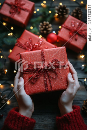 Hands holding a red Christmas gift surrounded by decorated presents on a wooden table 117788535