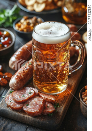 Enjoying a refreshing beer alongside grilled sausages and crunchy snacks at a casual meal gathering 117788580