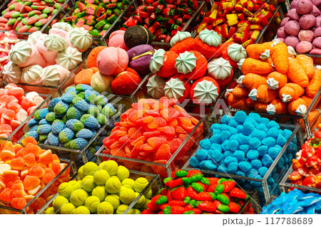 Colorful candy assortment at market in Barcelona, Spain, sweets shop stall 117788689