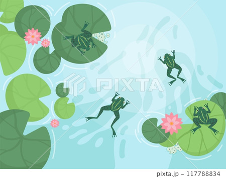 Frog in pond background. Cartoon frogs lake or swamp toad nature water faune, amphibian animals wildlife aquatic landscape, comic froglet sitting on lily swanky vector illustration Frog in pond background. Cartoon frogs lake or swamp toad nature water faune, amphibian animals wildlife aquatic landscape, comic froglet sitting on lily swanky vector illustration 117788834