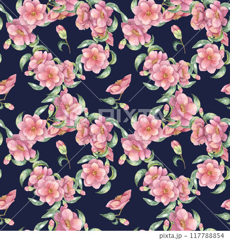 A seamless pattern of pink camellia flowers with green leaves on a deep navy background. Floral watercolor clipart ideal for fashion design, home decor, or elegant product packaging A seamless pattern of pink camellia flowers with green leaves on a deep navy background. Floral watercolor clipart ideal for fashion design, home decor, or elegant product packaging 117788854