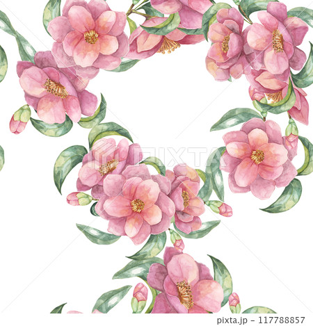 Pink camellia flowers arranged with green leaves in a seamless pattern. Camellia japonica textile. Botanical watercolor clipart for use in wedding invitations, fabric design, or product packaging 117788857