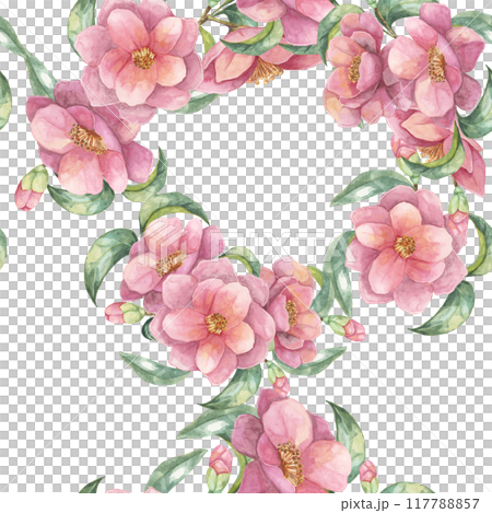 Pink camellia flowers arranged with green leaves in a seamless pattern. Camellia japonica textile. Botanical watercolor clipart for use in wedding invitations, fabric design, or product packaging 117788857