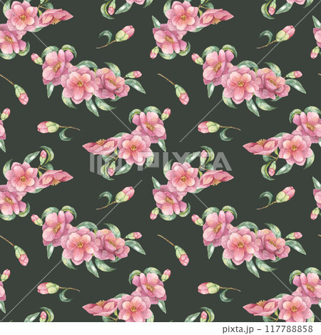 Seamless pattern of pink camellia flowers with green leaves, set against a dark green background. Floral watercolor clipart Ideal for use in fabric design, gift wrap, or stationery 117788858