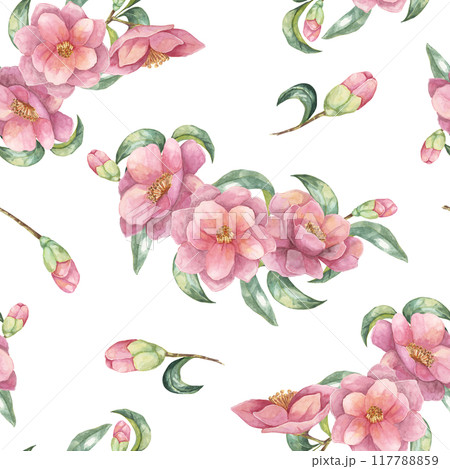 Pink camellia flowers with green leaves seamless pattern. Camellia japonica fabric pattern. Floral watercolor clipart Ideal for textile design, wrapping paper, or digital backgrounds 117788859