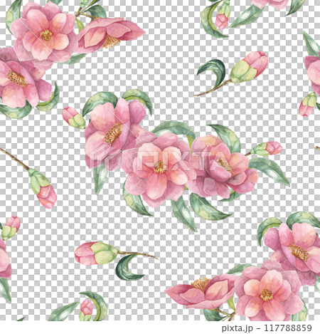 Pink camellia flowers with green leaves seamless pattern. Camellia japonica fabric pattern. Floral watercolor clipart Ideal for textile design, wrapping paper, or digital backgrounds 117788859