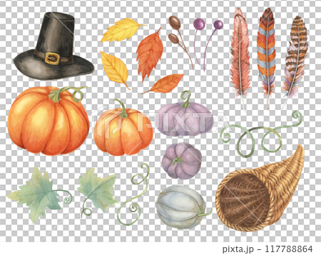 Collection of fall elements, including pumpkins, a Pilgrim hat, feathers, and leaves. Watercolor clipart set for creating Thanksgiving invitations, seasonal home decor, or holiday merchandise Collection of fall elements, including pumpkins, a Pilgrim hat, feathers, and leaves. Watercolor clipart set for creating Thanksgiving invitations, seasonal home decor, or holiday merchandise 117788864