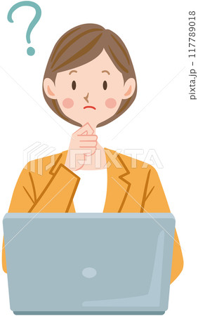 ノートパソコン　考える女性のイラスト　ビジネス　疑問 117789018