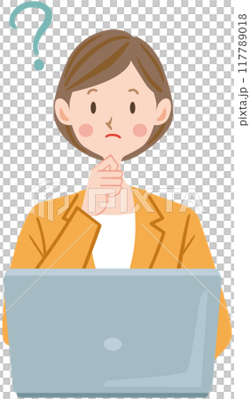ノートパソコン　考える女性のイラスト　ビジネス　疑問 117789018