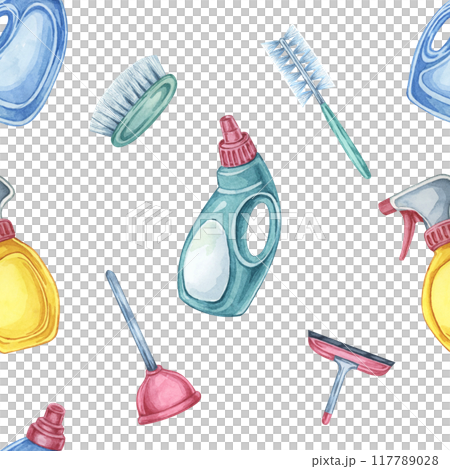 Cleaning supplies seamless pattern featuring detergent bottles, brushes, and sponges. Watercolor clipart Perfect for wrapping paper, cleaning service branding, and DIY cleaning project backdrops 117789028