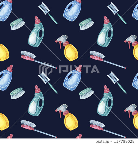 Cleaning tools colorful seamless pattern with spray bottles, detergent, and brushes. Suitable for fabric designs, cleaning service flyers, and educational materials on hygiene 117789029