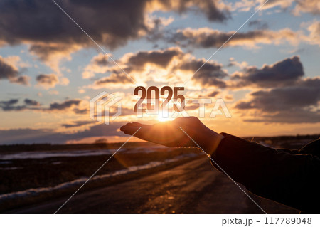 Hand shows the new year 2025 on the background of the sunset. 117789048