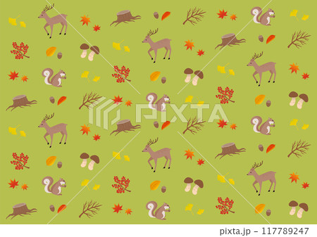 紅葉と動物のパターンのイラスト_緑 117789247