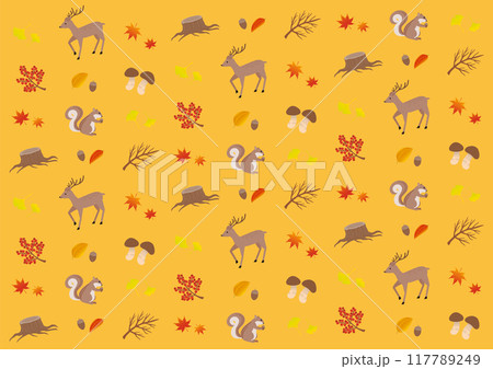 紅葉と動物のパターンのイラスト_黄色 117789249