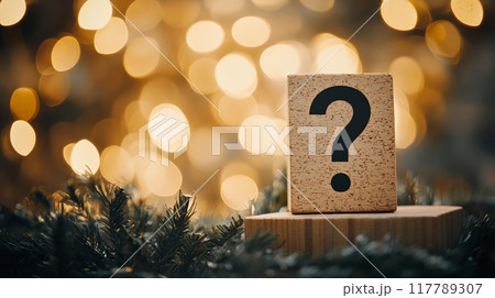 Question mark block against a festive background with bokeh lights symbolizing holiday inquiries and curiosity. 117789307