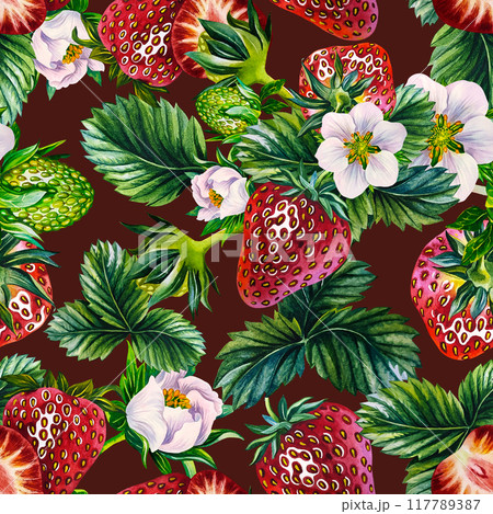 Strawberry. Seamless pattern with berries, flowers and strawberry leaves. Hand-made watercolor illustration. On a dark background. For packaging, labels and textiles. For textiles, packages and labels 117789387