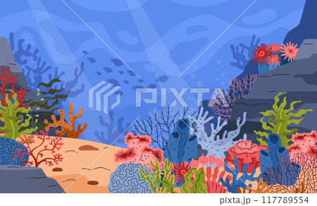 Vector illustration of a coral reef with bright corals, silhouettes of fish, rocks and sand Vector illustration of a coral reef with bright corals, silhouettes of fish, rocks and sand 117789554