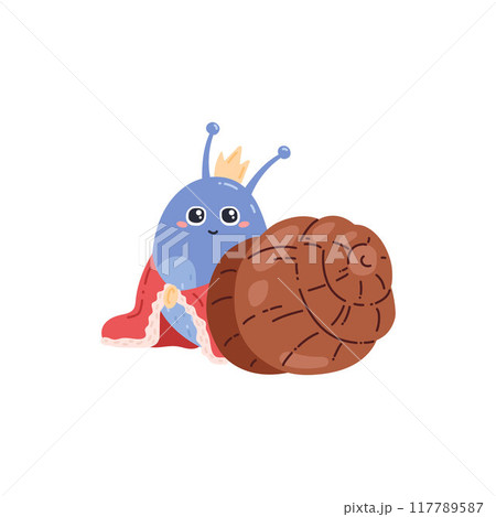 Vector illustration of a blue snail with a crown and cape. Vector illustration of a blue snail with a crown and cape. 117789587
