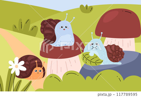 Snails eat a leaf, sit on a porcini mushroom. Summer landscape. Snails eat a leaf, sit on a porcini mushroom. Summer landscape. 117789595