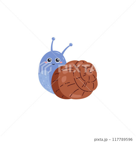 Vector illustration with snail peeking out of a shell with horns and a sweet smile Vector illustration with snail peeking out of a shell with horns and a sweet smile 117789596