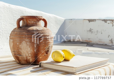 A vase with lemons and a book on a table, surrounded by natural elements 117789737